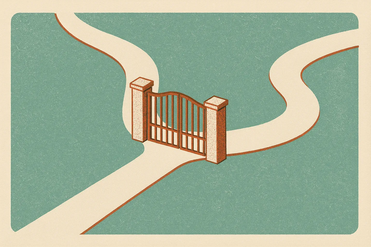 a single path splitting into two at a gate, one route continuing forward and one curving away