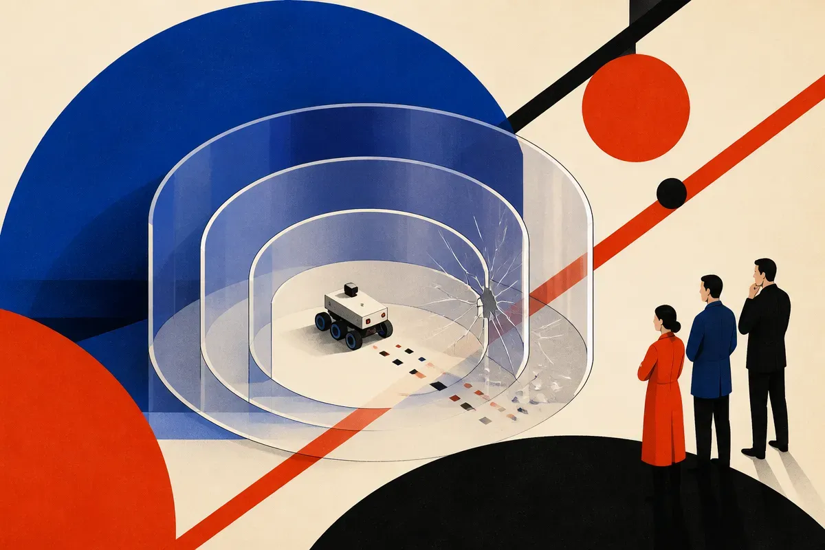 a small autonomous machine moving through several nested transparent barriers, with one barrier cracked and human operat