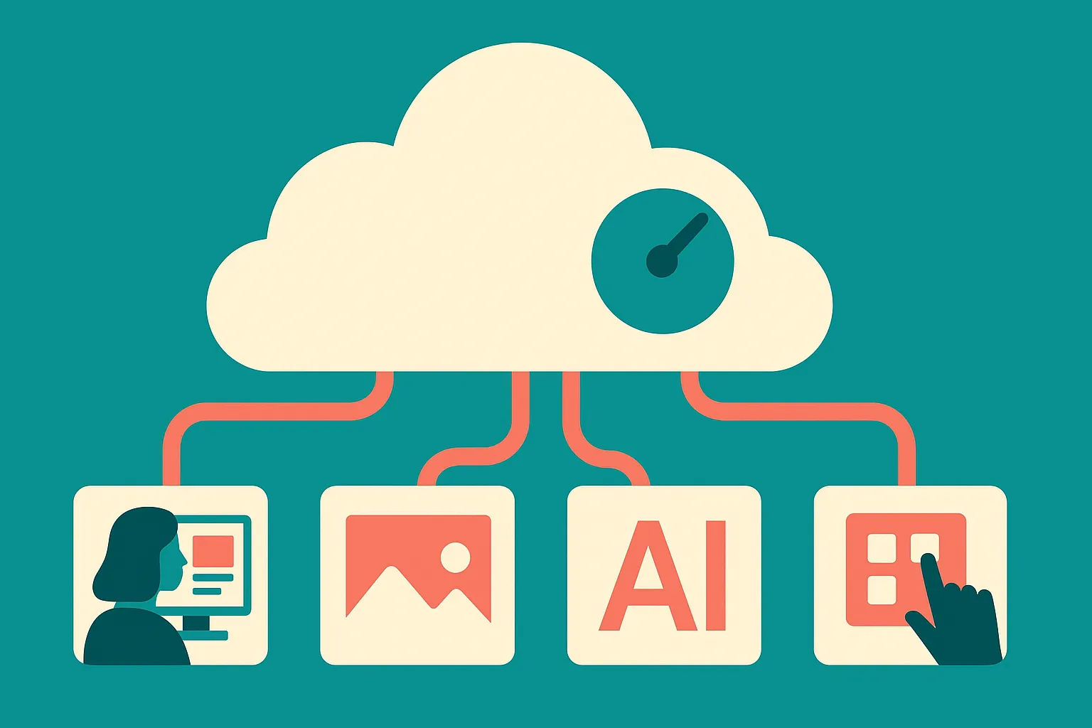 one large cloud model connected to several user workflows, with one hidden dial subtly changing the outputs