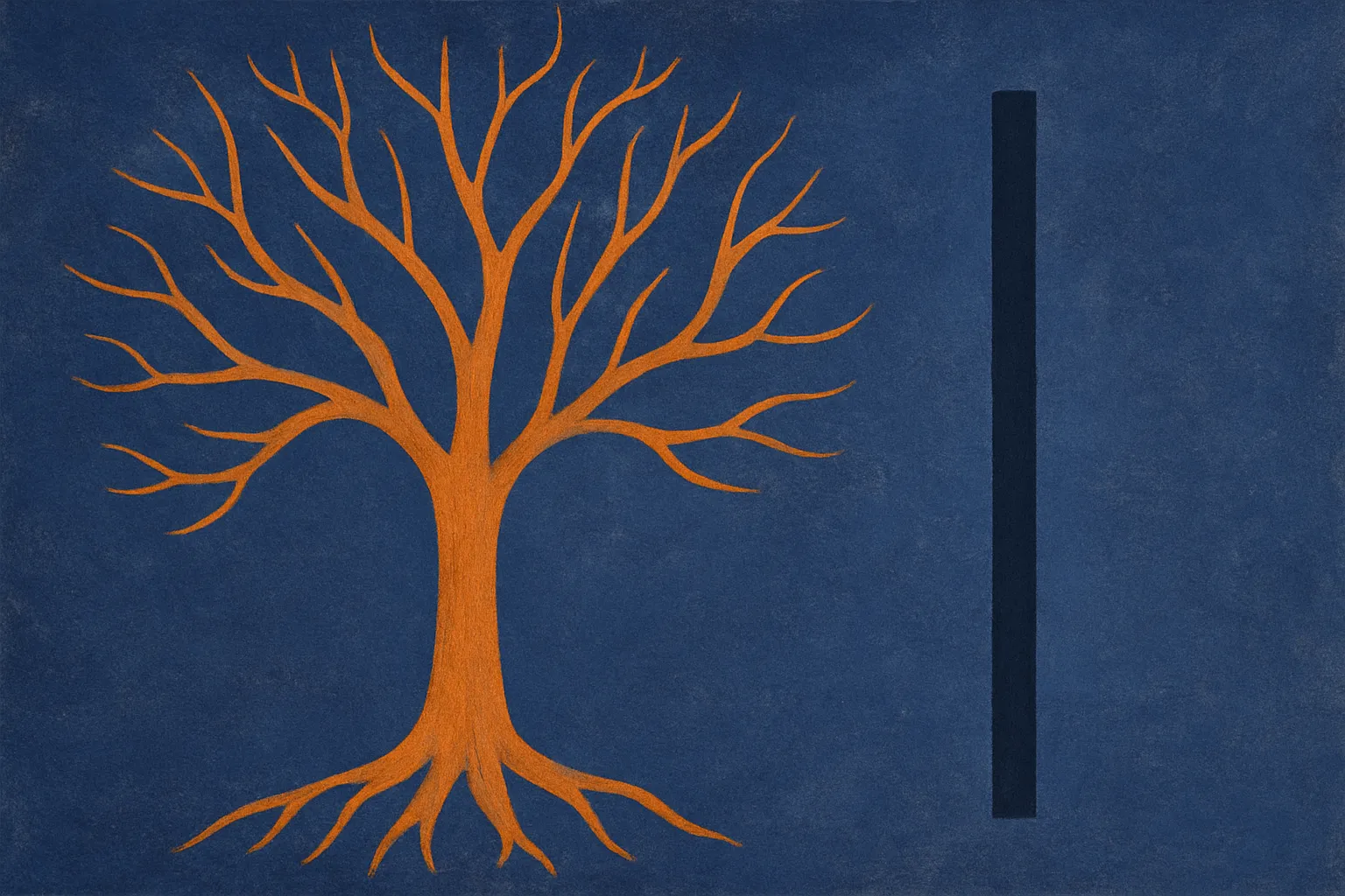 a single tree trunk splitting into many branching forms, contrasted with a plain straight rod, suggesting one root growi