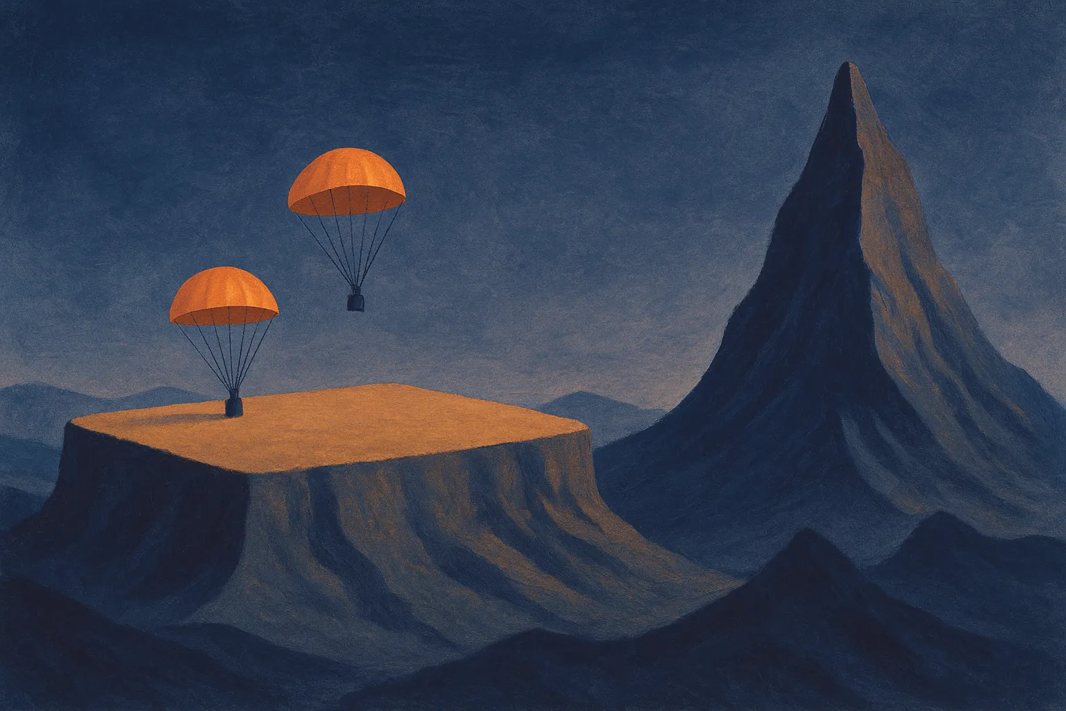 a broad flat plateau on a landscape versus a single sharp peak, two allocations landing safely on the plateau