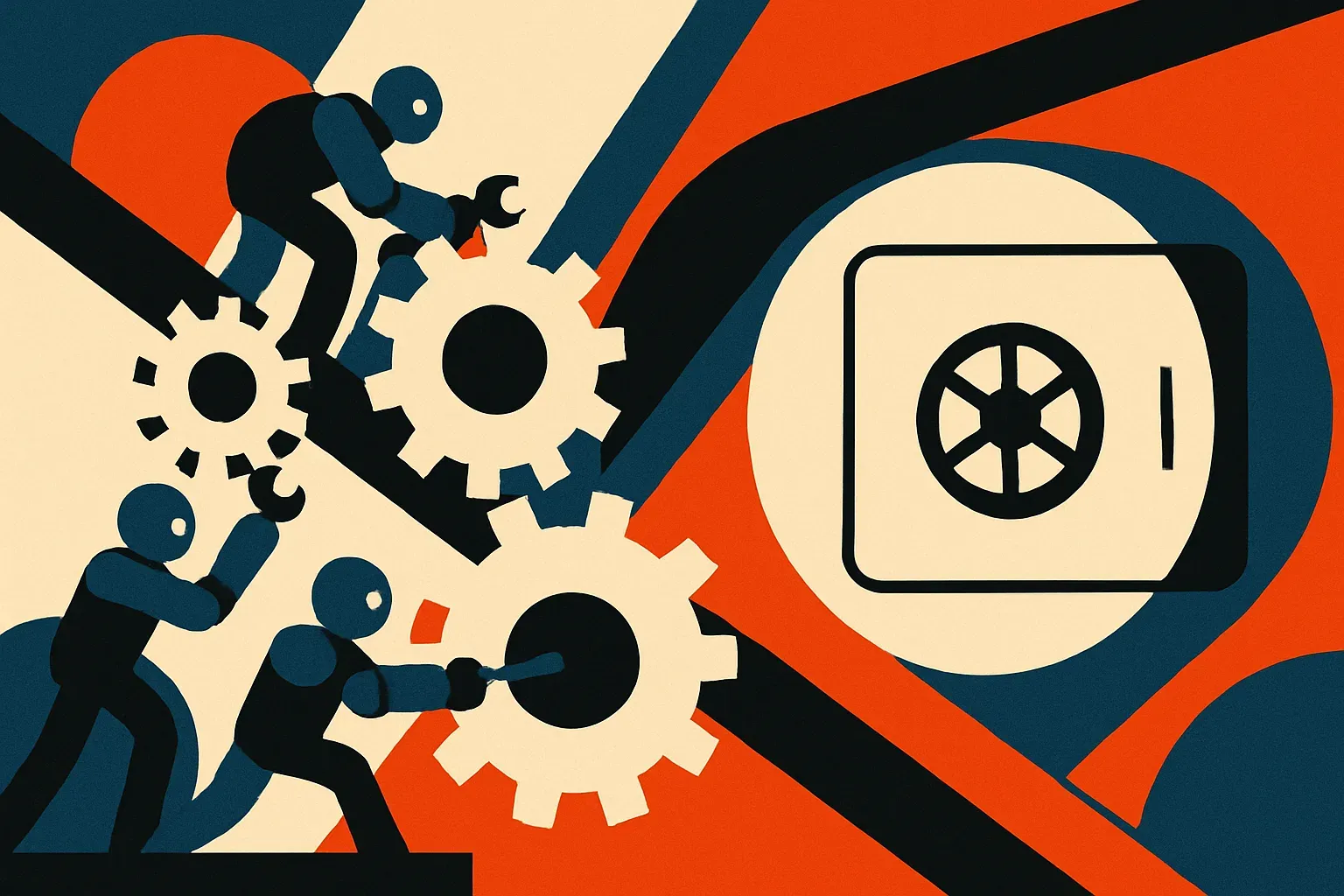 small autonomous agents tightening separate gears around a distant locked vault