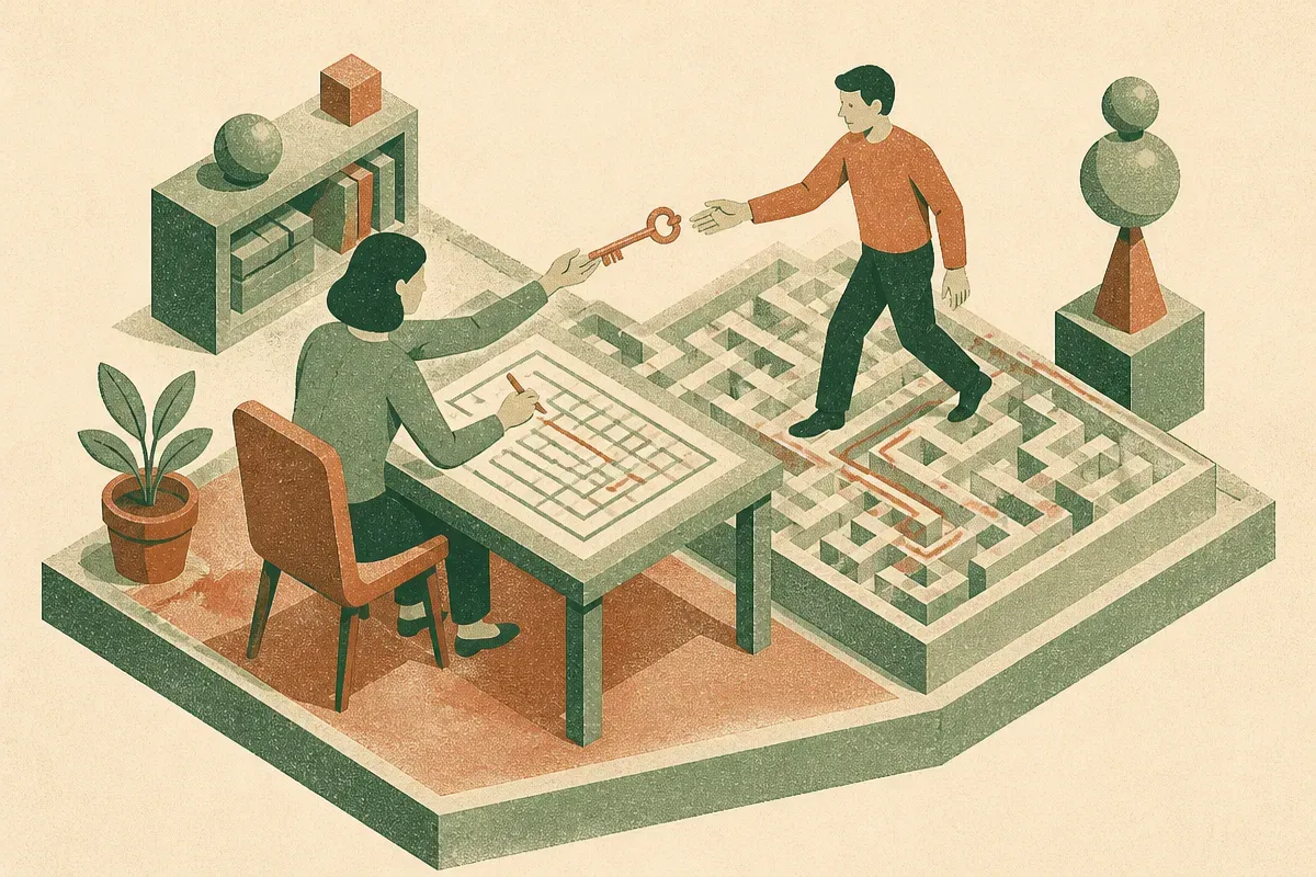 two figures facing each other across a table, one sketching a maze, the other walking through it, with a small key passi