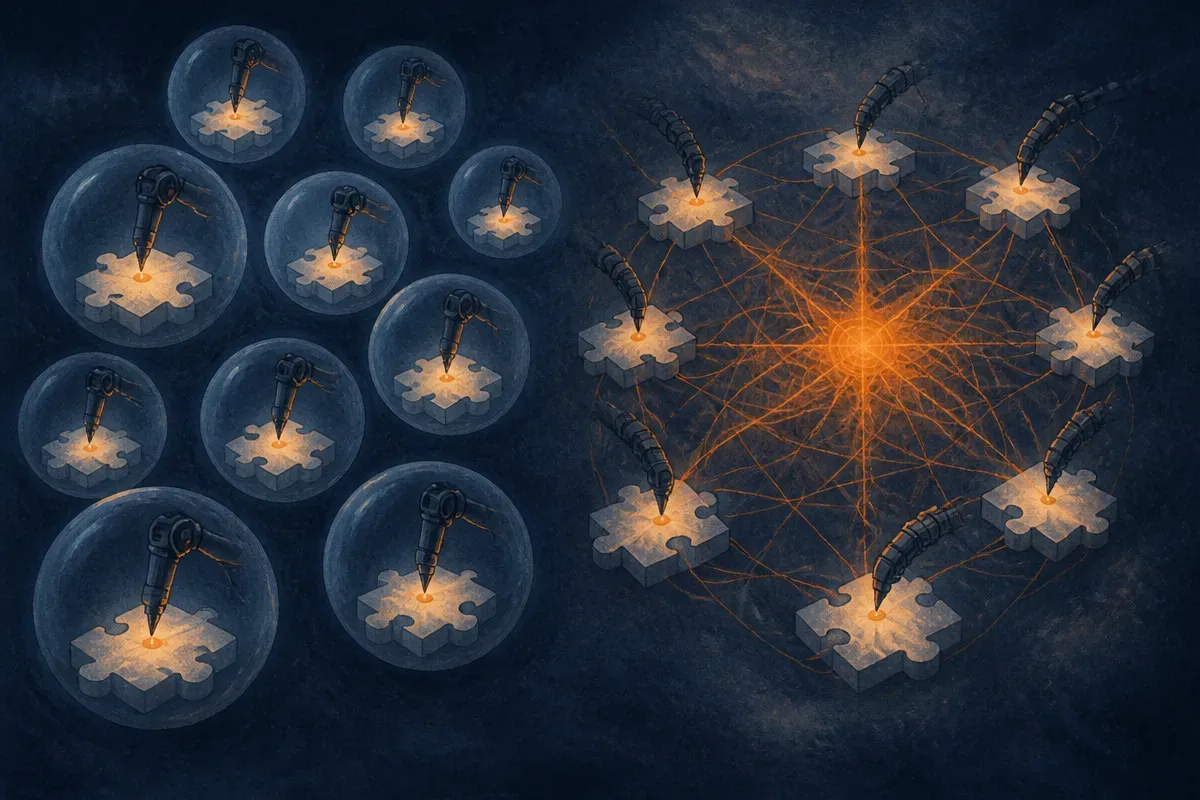 many blanks being filled simultaneously, each in its own isolated bubble, versus the same blanks connected by a shared w