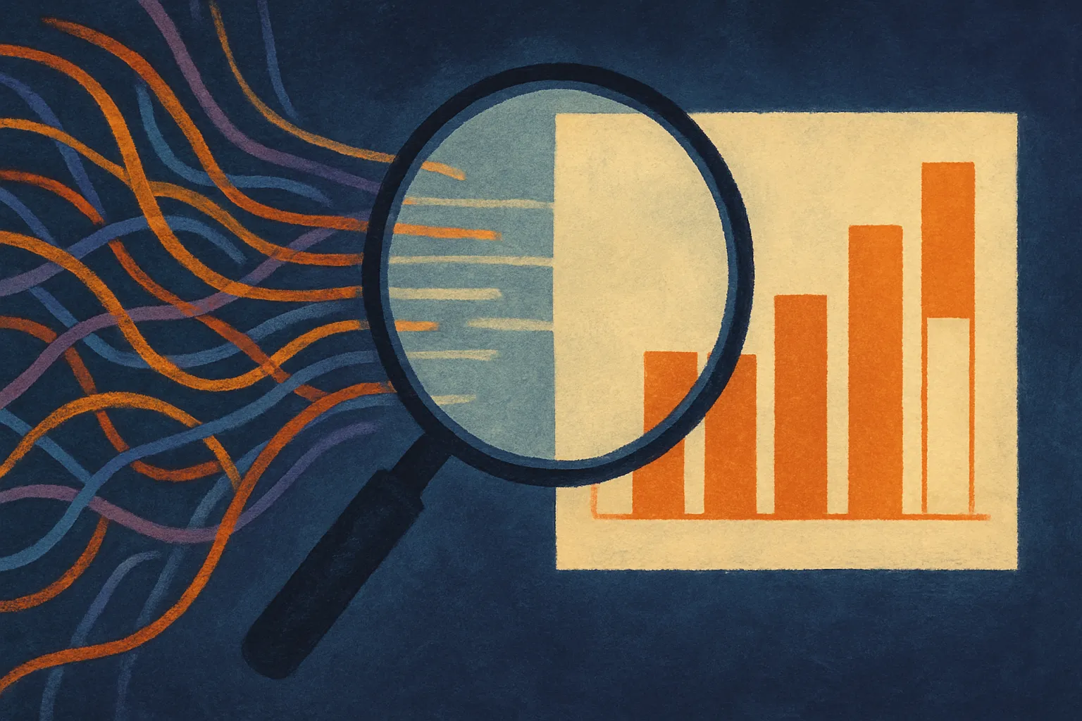 messy data streams flowing into a transparent inspection layer, then into a clean but partially unfinished chart