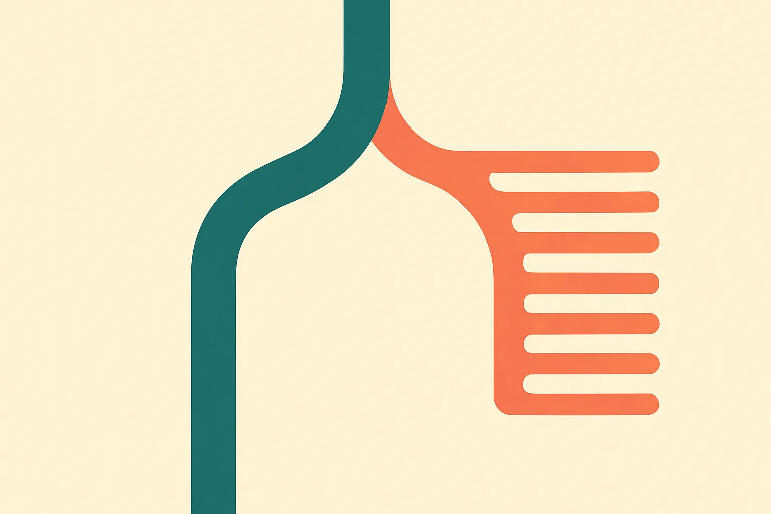 a single stream splitting into two parallel outputs at the end, one branch dense and continuous, one branch discrete and