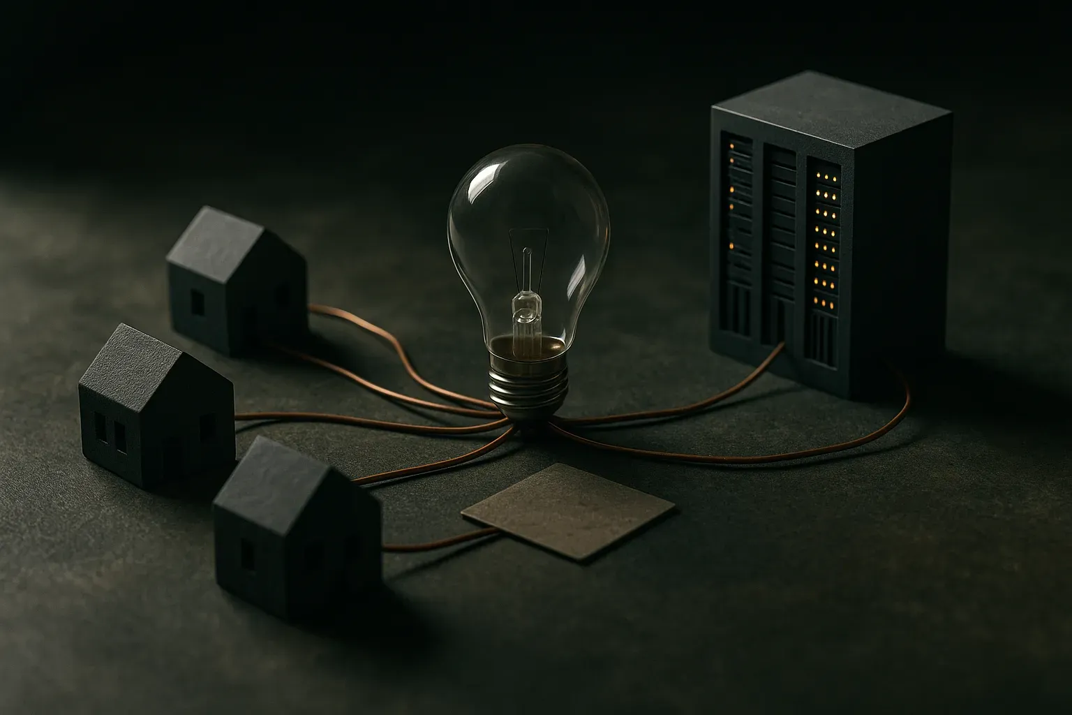 small homes connected to a shared power source while a large compute facility draws from the same source, with community