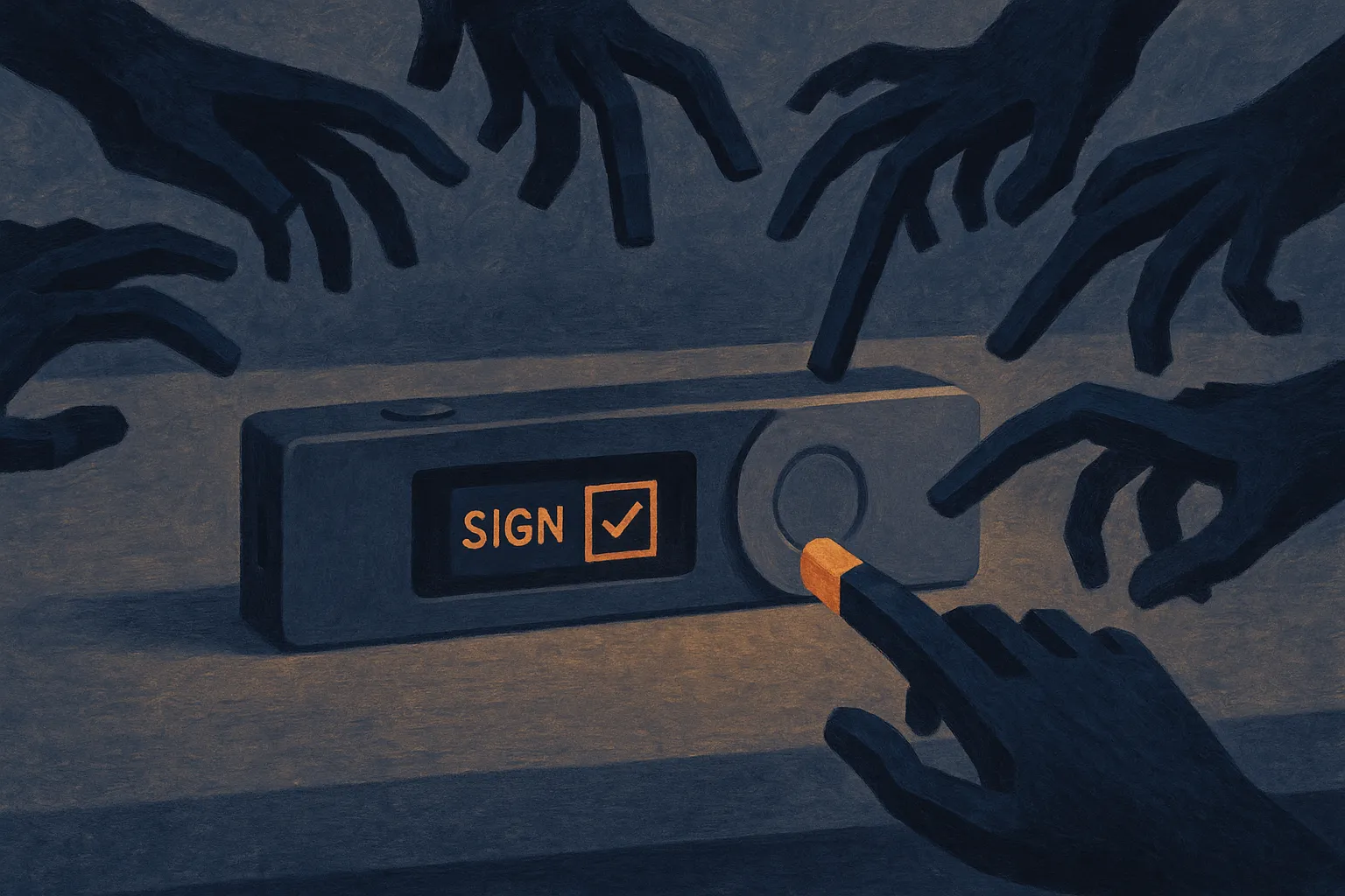 a hardware wallet on a table with many deceptive digital hands reaching toward the same signing button from different di