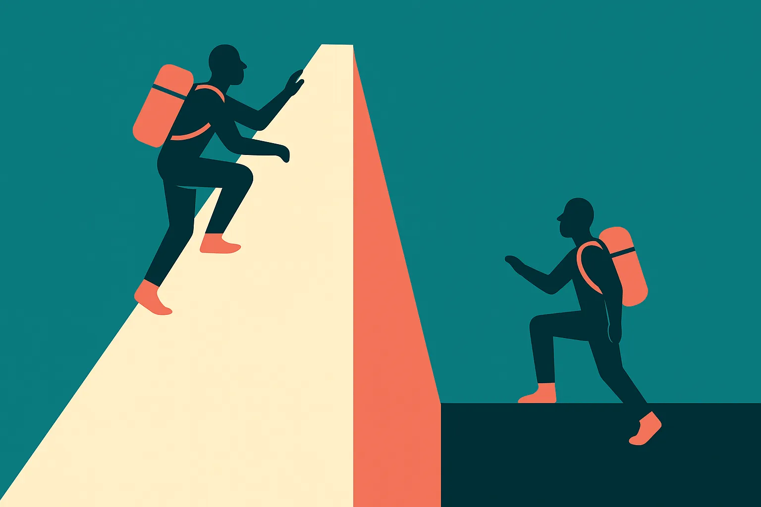 a climber ascending while the ground beneath keeps rising to meet their feet, versus a climber whose ground stays flat a