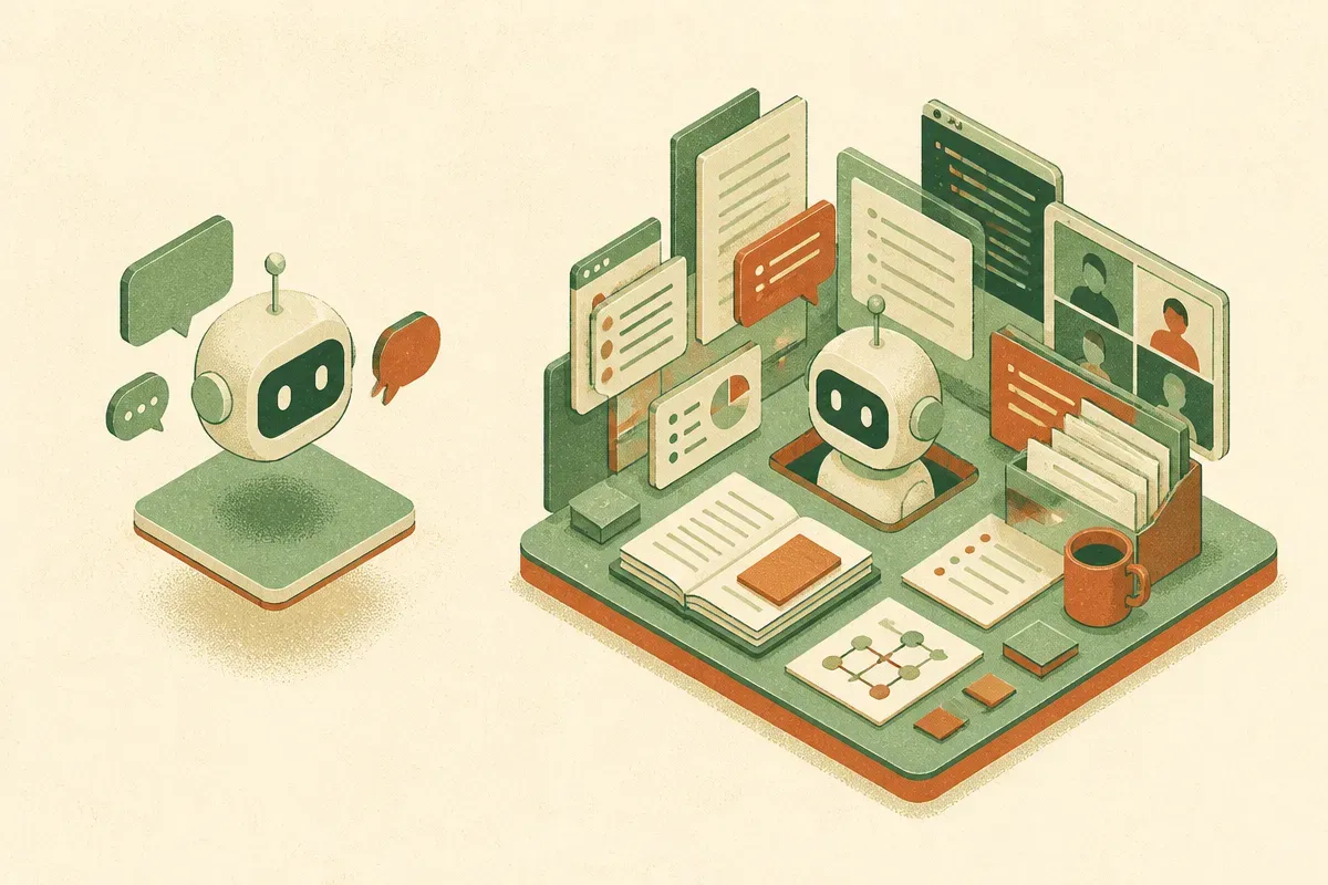 generic chatbot floating alone beside an assistant embedded inside a dense workbench of documents, messages, code, and m