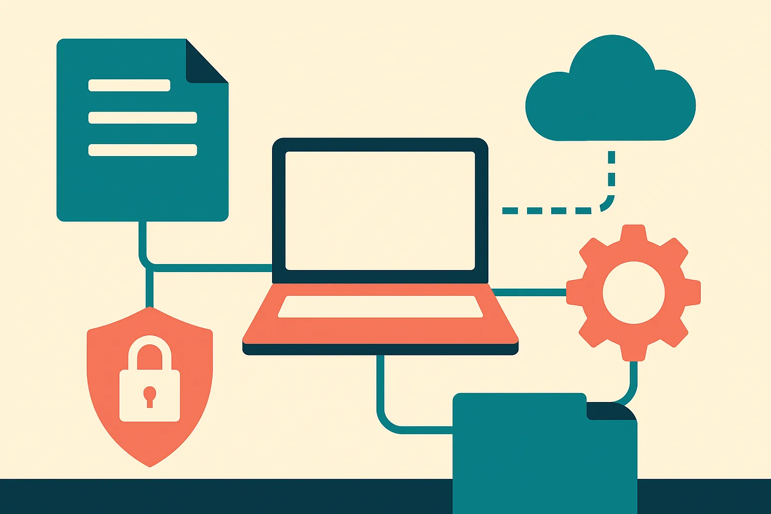 central workstation connected to nearby private documents and tools, with a distant cloud model shown as a separate opti