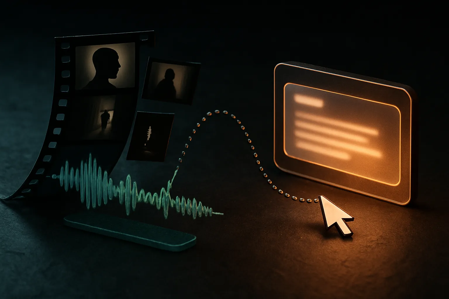 film strip breaking into selected still frames, an audio wave, and a screen cursor trail, all flowing into a single glow