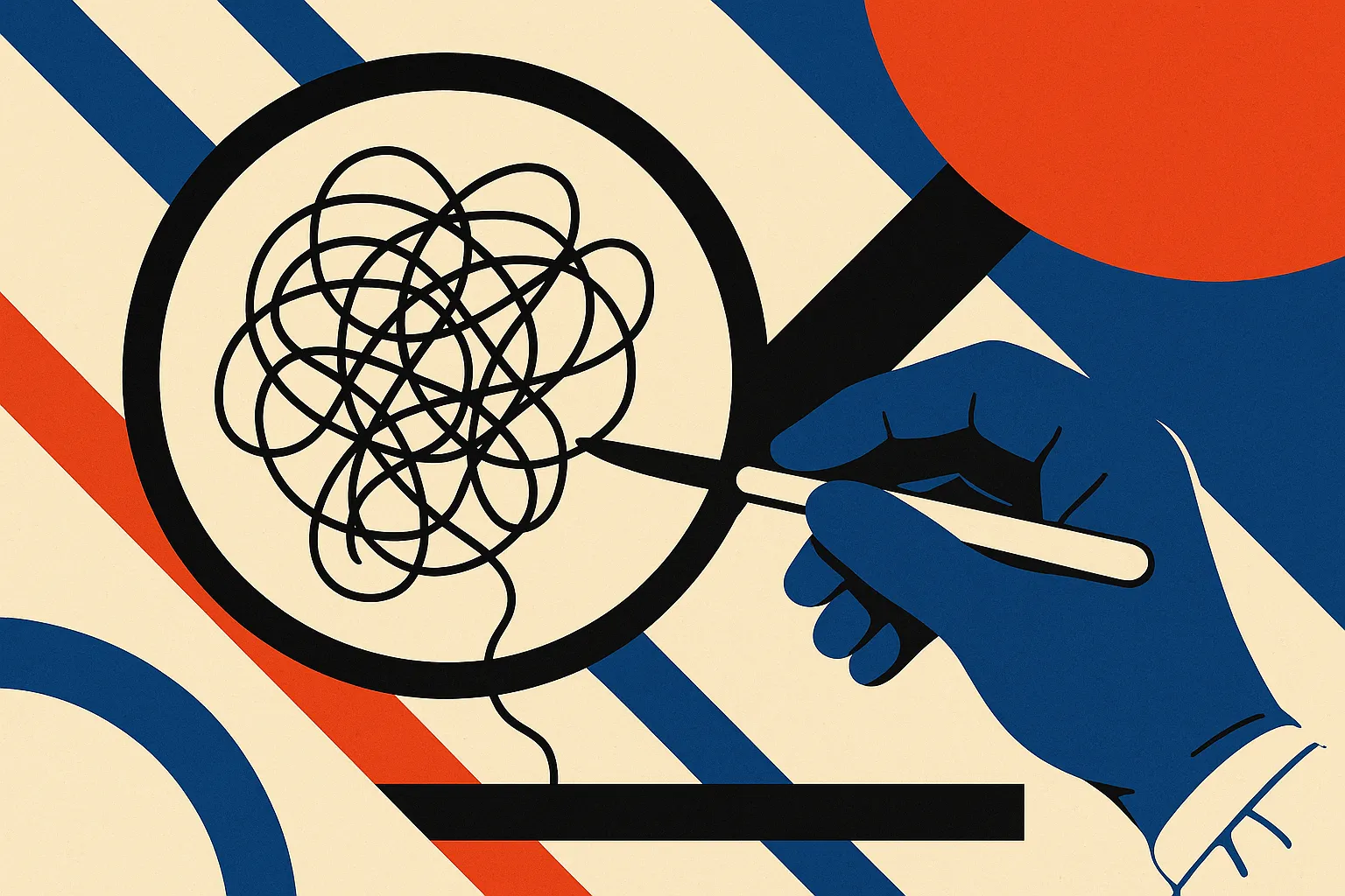 a surgeon's hand aiming a tool at a dense tangle of threads, unsure which thread to cut