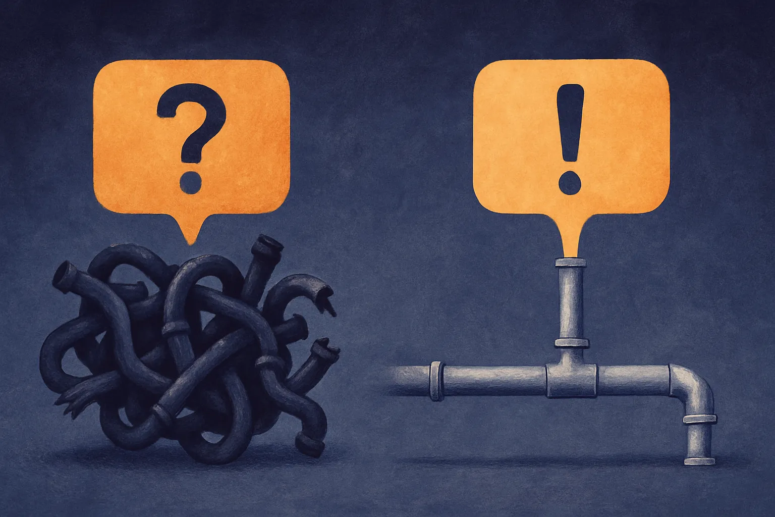 an answer bubble connected to a hidden tangle of broken database pipes, contrasted with an answer bubble connected to a 
