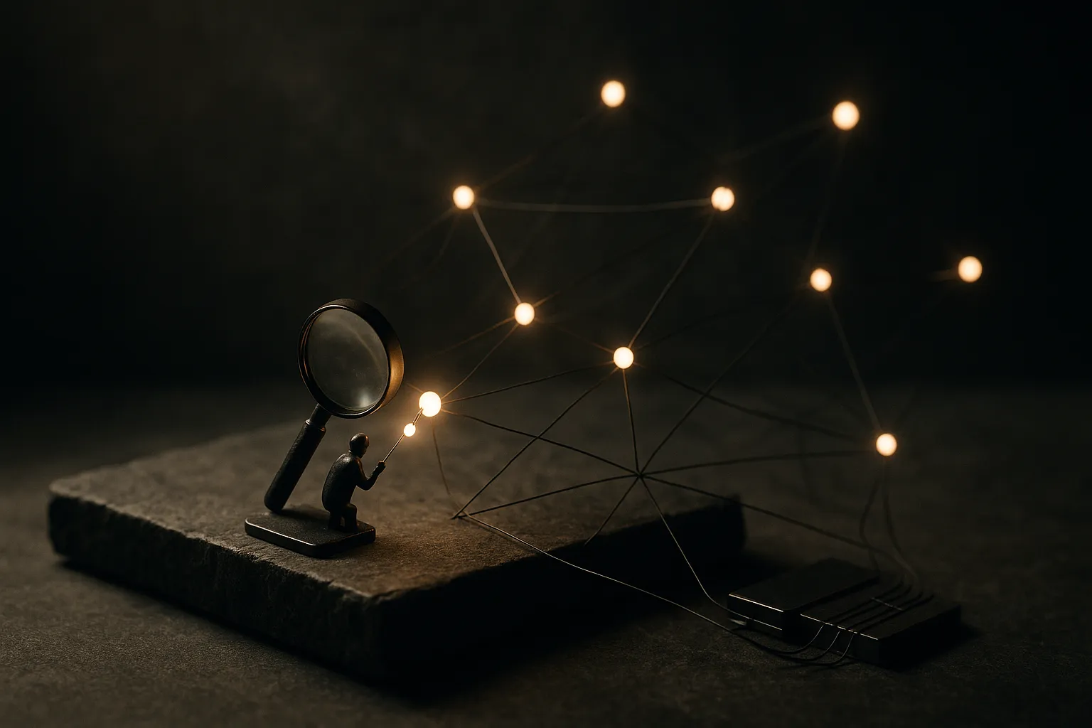 a small inspector examining a few bright nodes from a vast cloud, with thin lines connecting those nodes to a compact hi