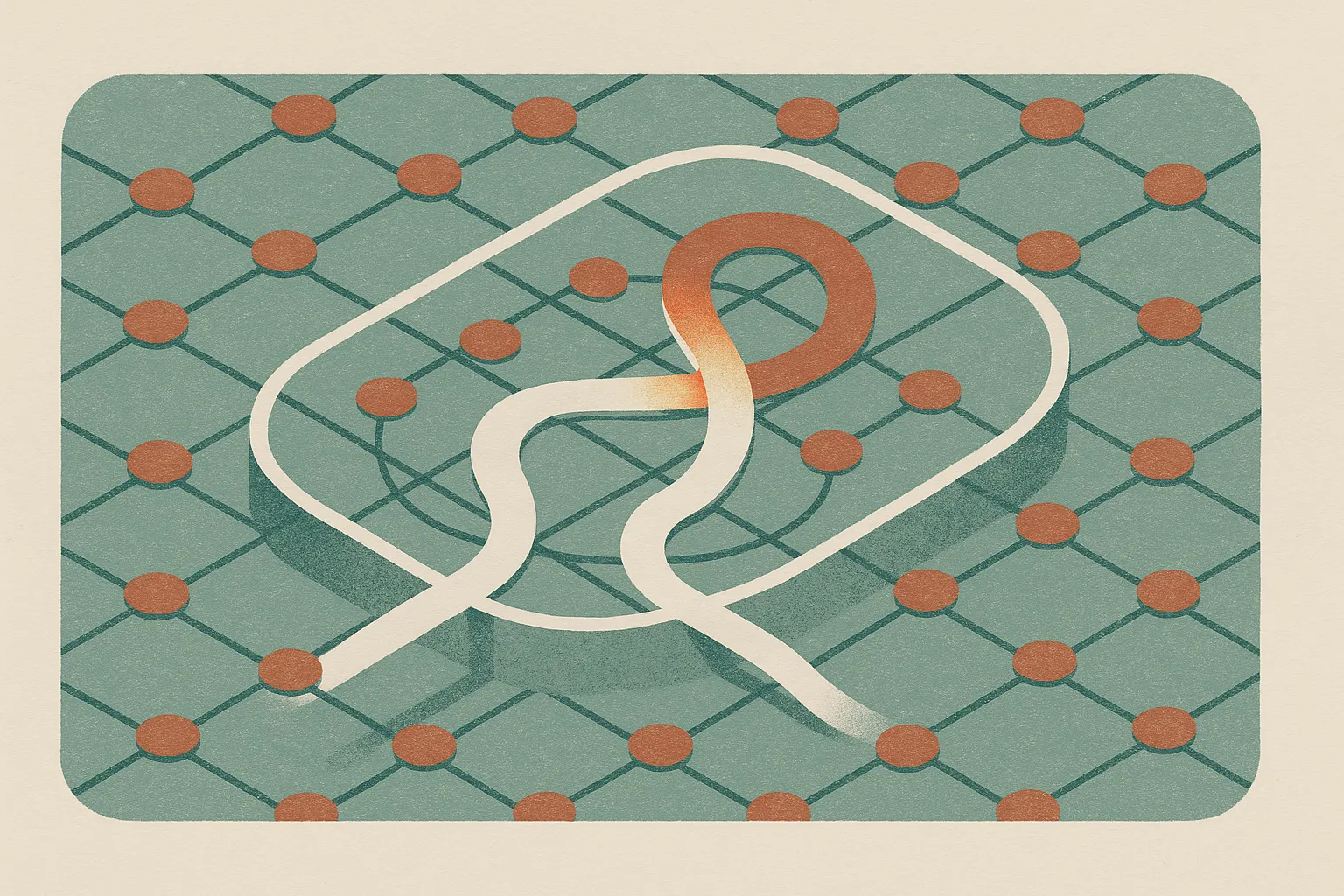 two intertwined paths inside a layered neural network, one path brightening for reasoning while the other drifts away, w