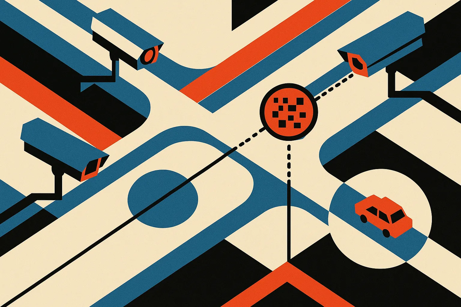 a web of street cameras feeding into a single pattern-matching node that follows one vehicle-like shape through differen