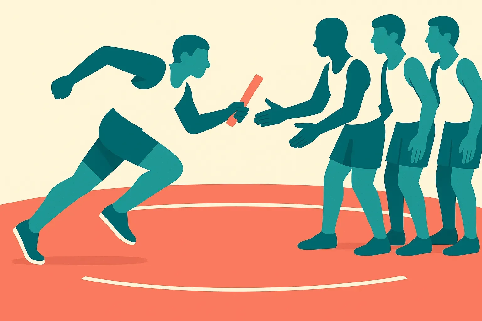 a relay race baton pass between several runners, one runner sprinting while the others wait, showing that overall speed