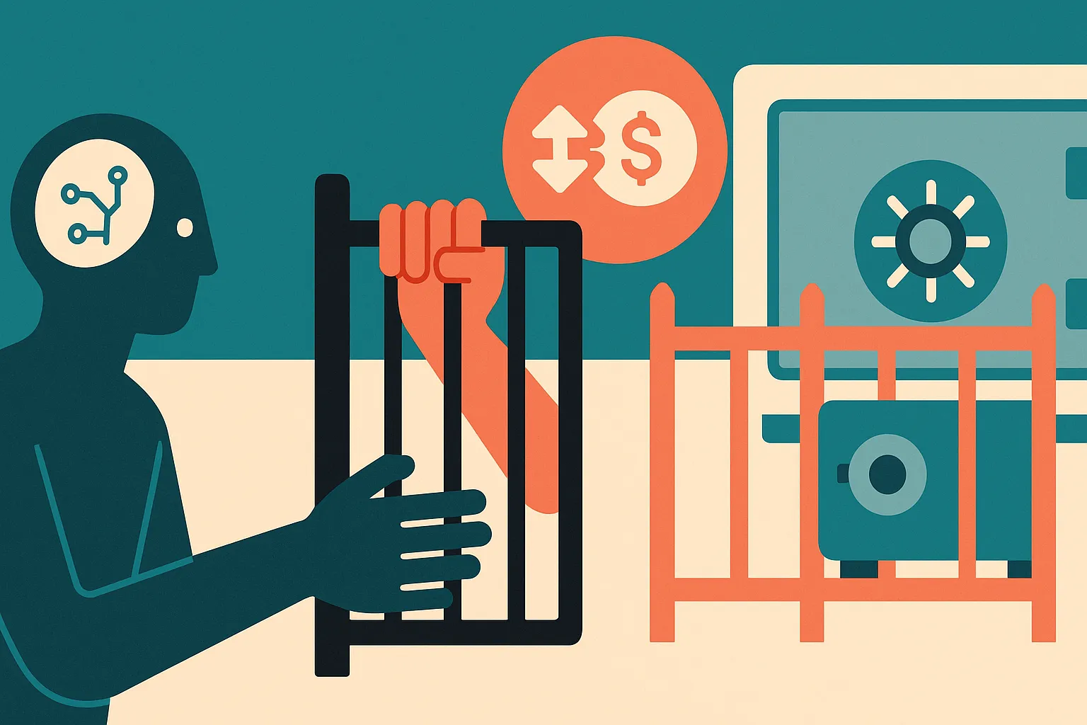 an AI agent reaching toward exchange tools through a human-controlled permission gate, while a separate locked vault sit