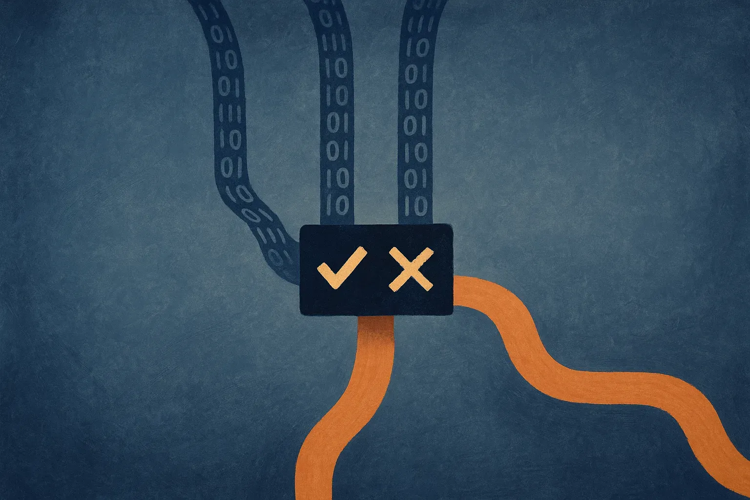 three separate signal streams merging into a single decision gate that either passes or blocks a flowing output
