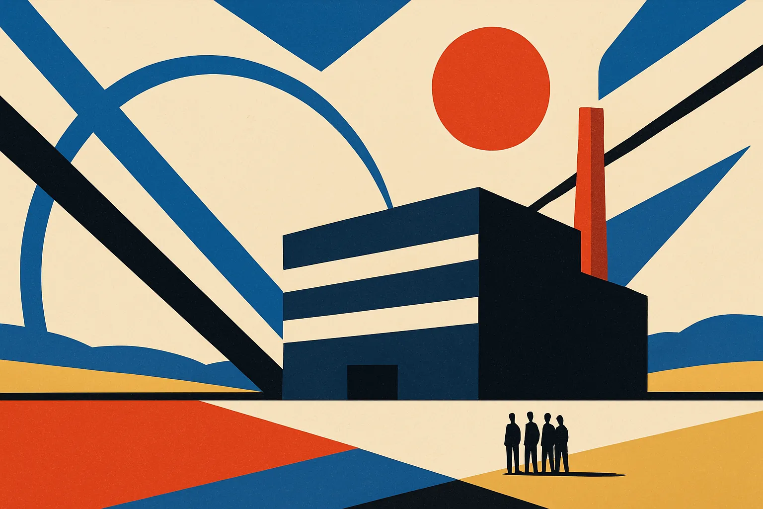 a large industrial building sitting in a rural landscape, with a small cluster of people beside it dwarfed by its scale