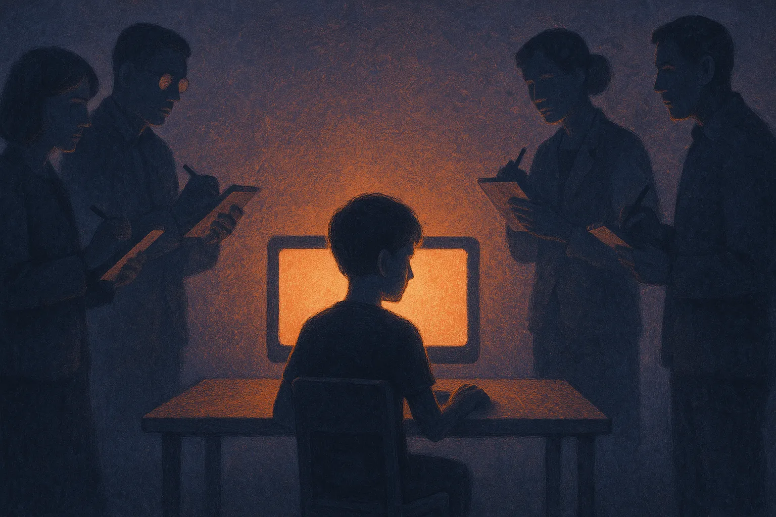 a young figure at a desk with a glowing screen, surrounded by several observers at a distance taking notes