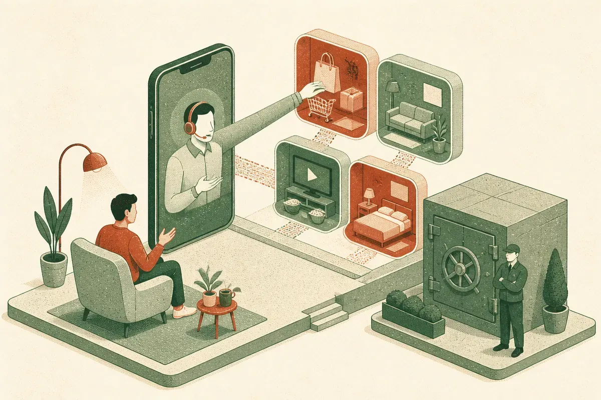 person speaking to a phone agent that reaches into separate app-shaped rooms while a guarded personal data vault sits ne