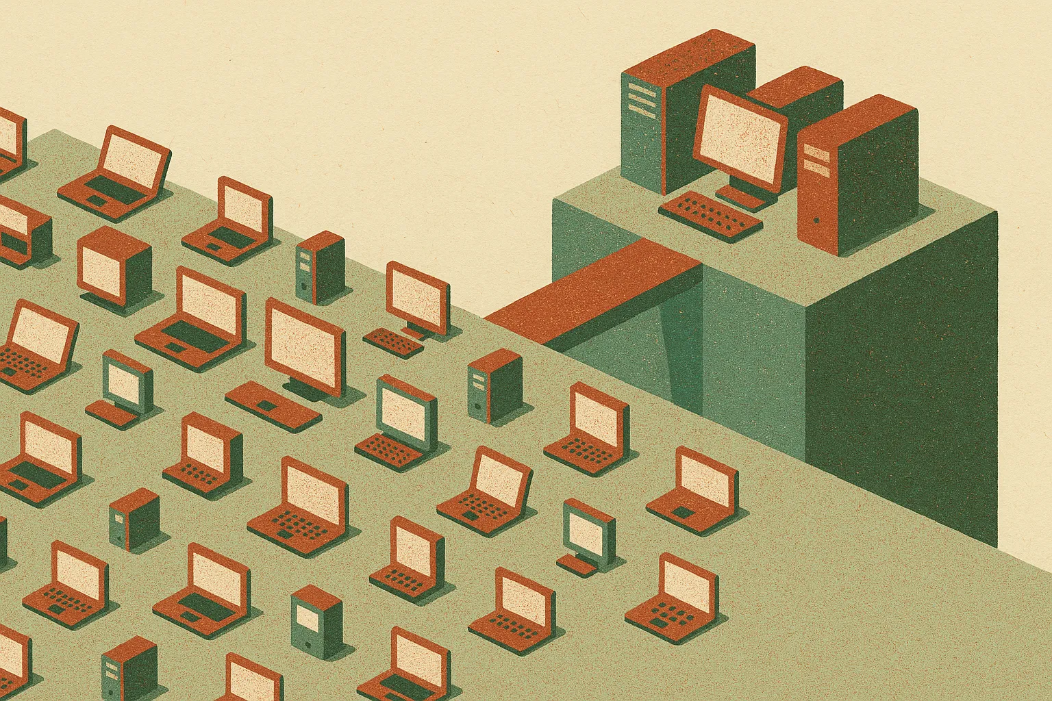 small group of powerful workstations separated from a much larger crowd of ordinary laptops and desktops by a narrow bri