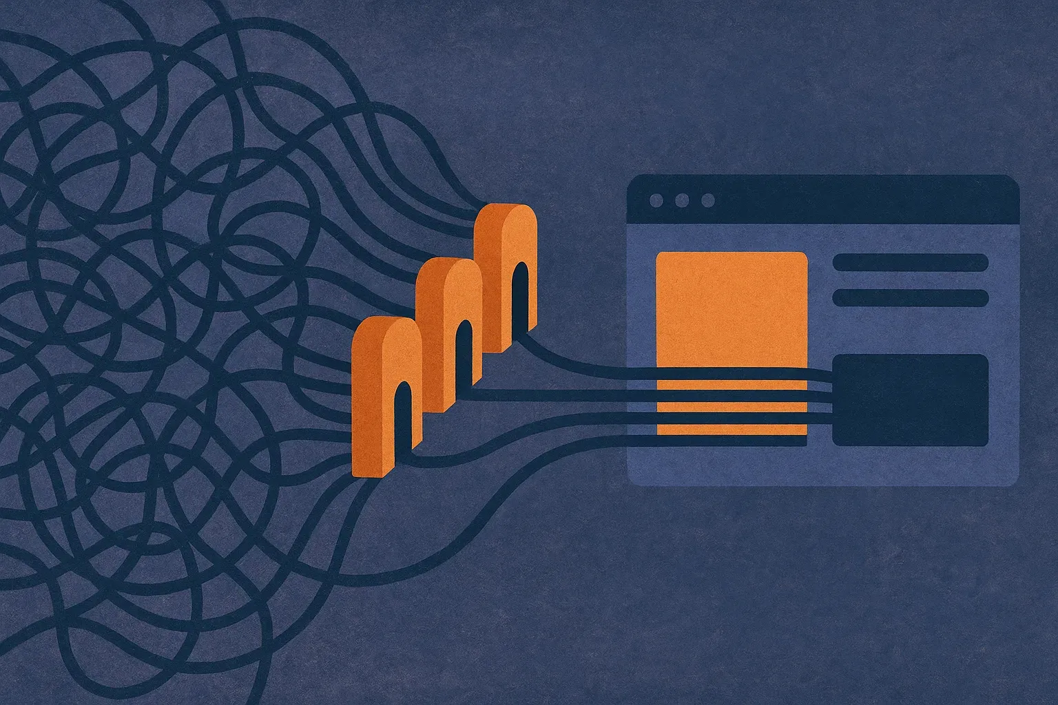 a messy cluster of crawler paths being sorted into a few clear content-use gates before reaching a website