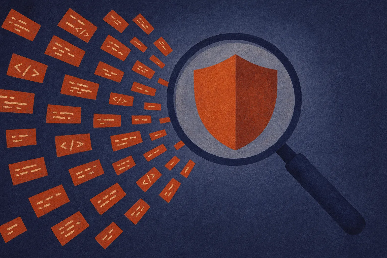 many small code fragments converging toward a magnifying glass and shield