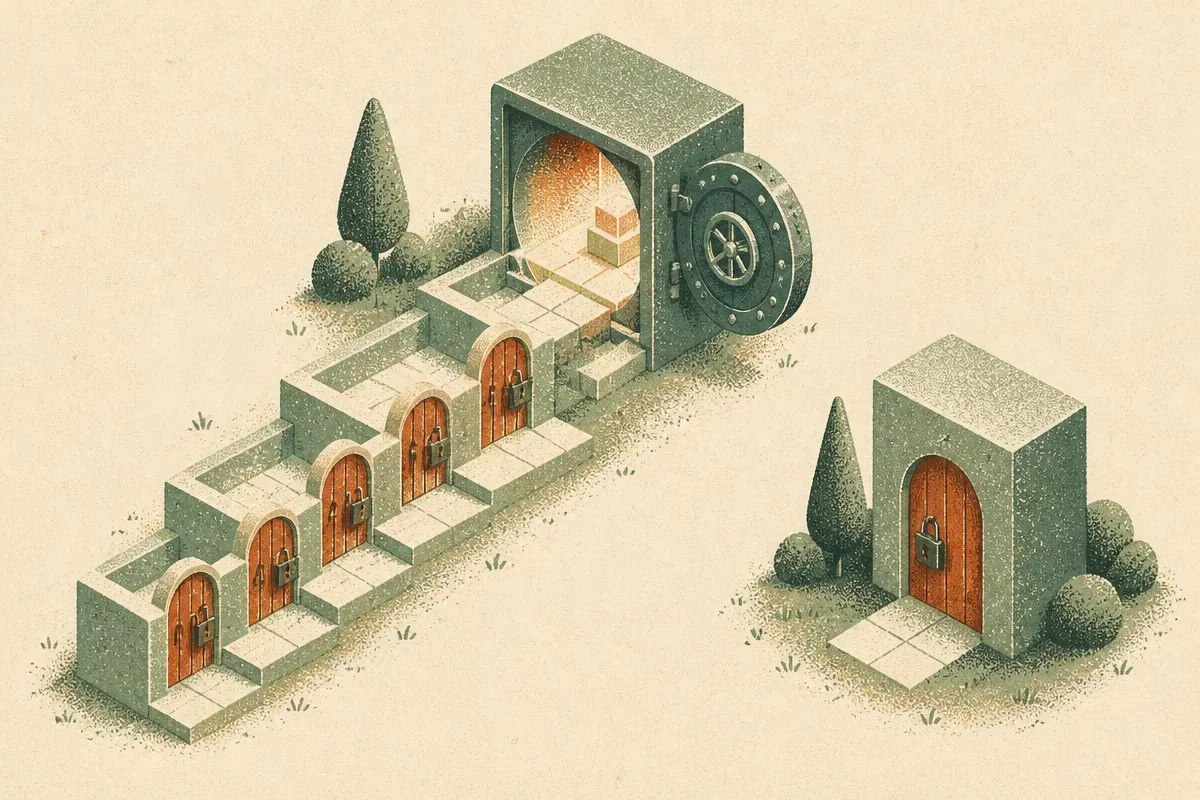a chain of small locked doors connecting into one open vault, versus a single isolated locked door