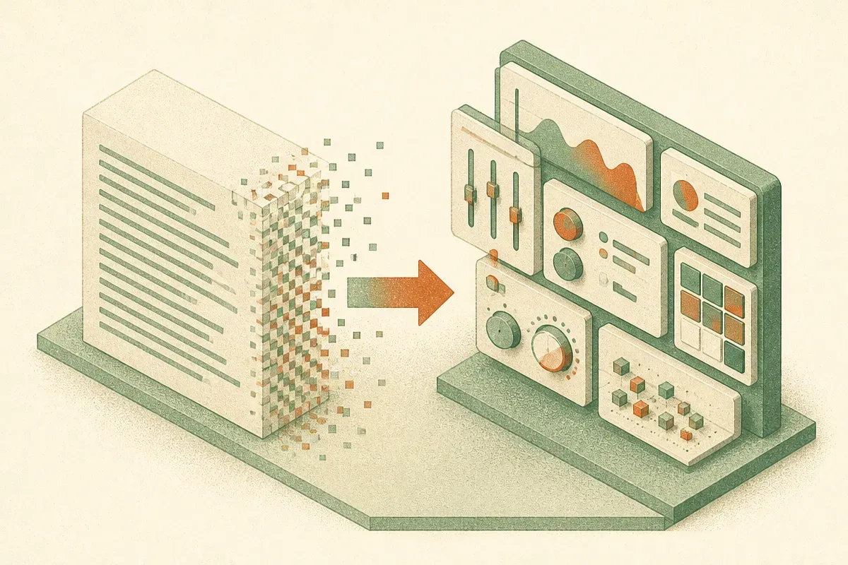 a block of flat text on one side transforming into interactive controls and panels on the other