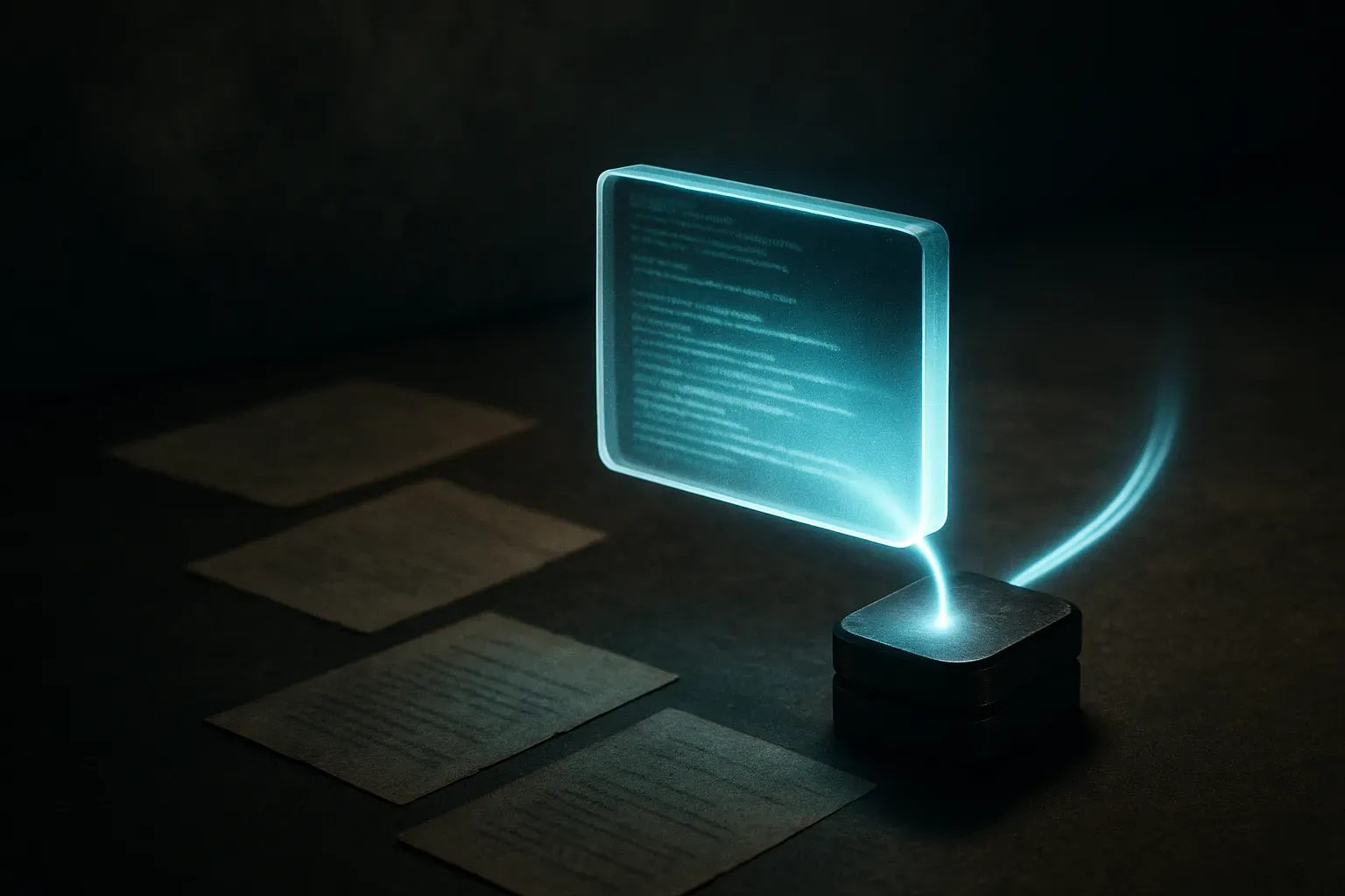 an active context window flowing into a compact persistent memory core, while older context fragments fade away behind i