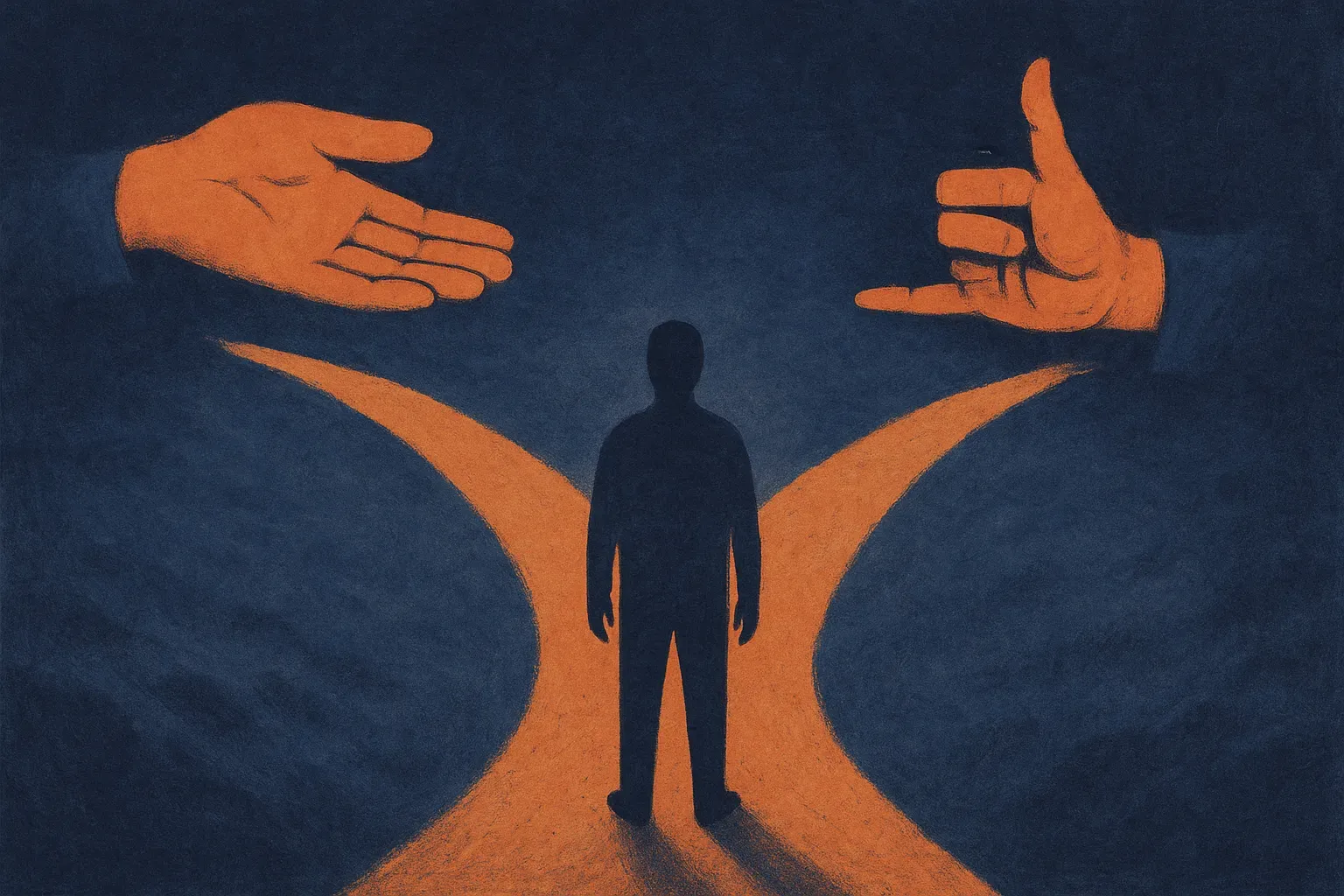 a figure standing at a fork where one path leads to a helpful hand and the other to a deceptive hand, the figure weighin