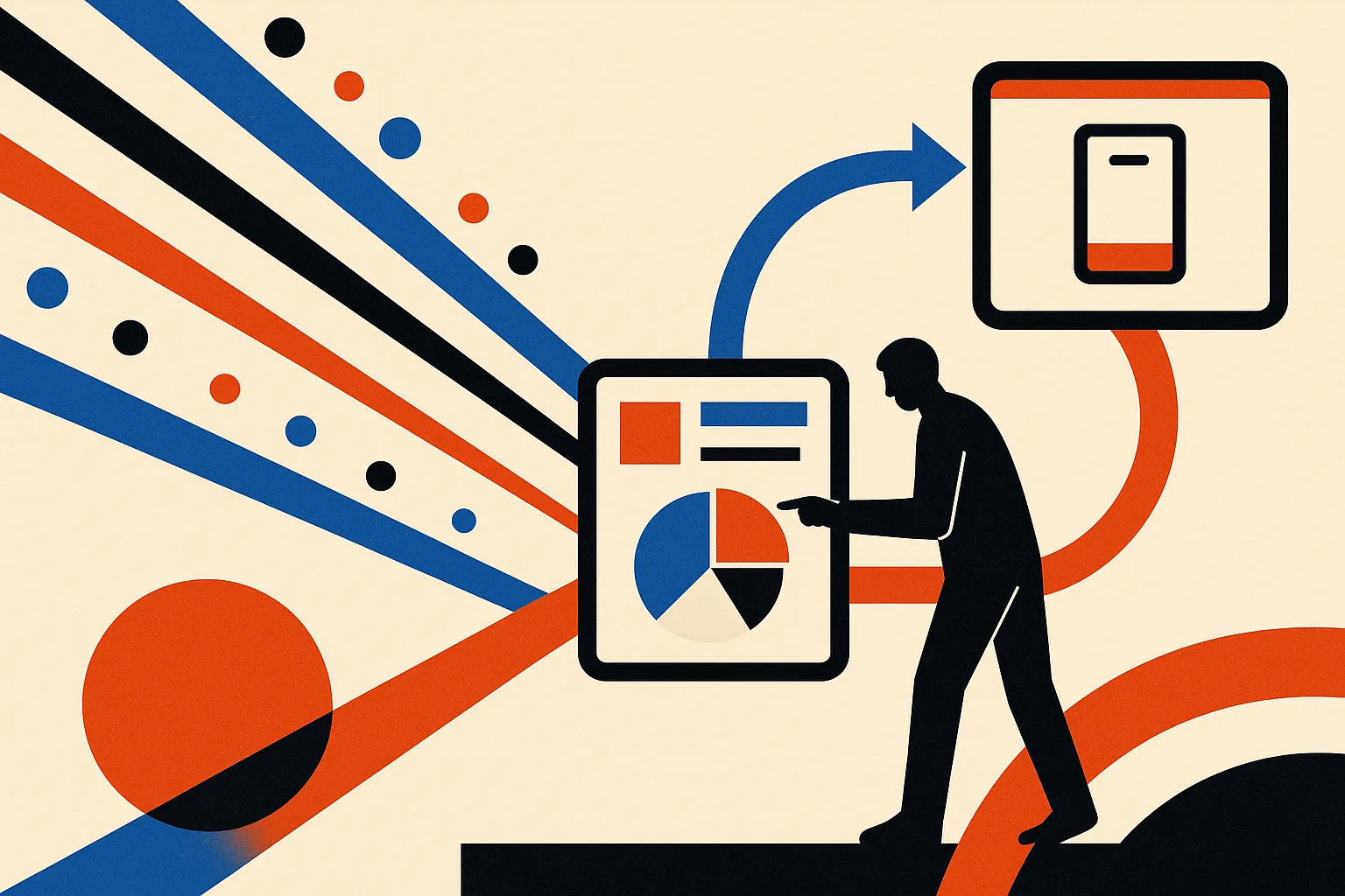 scattered streams of data flowing into a small dashboard, with a human figure inspecting it and sending a loop back towa
