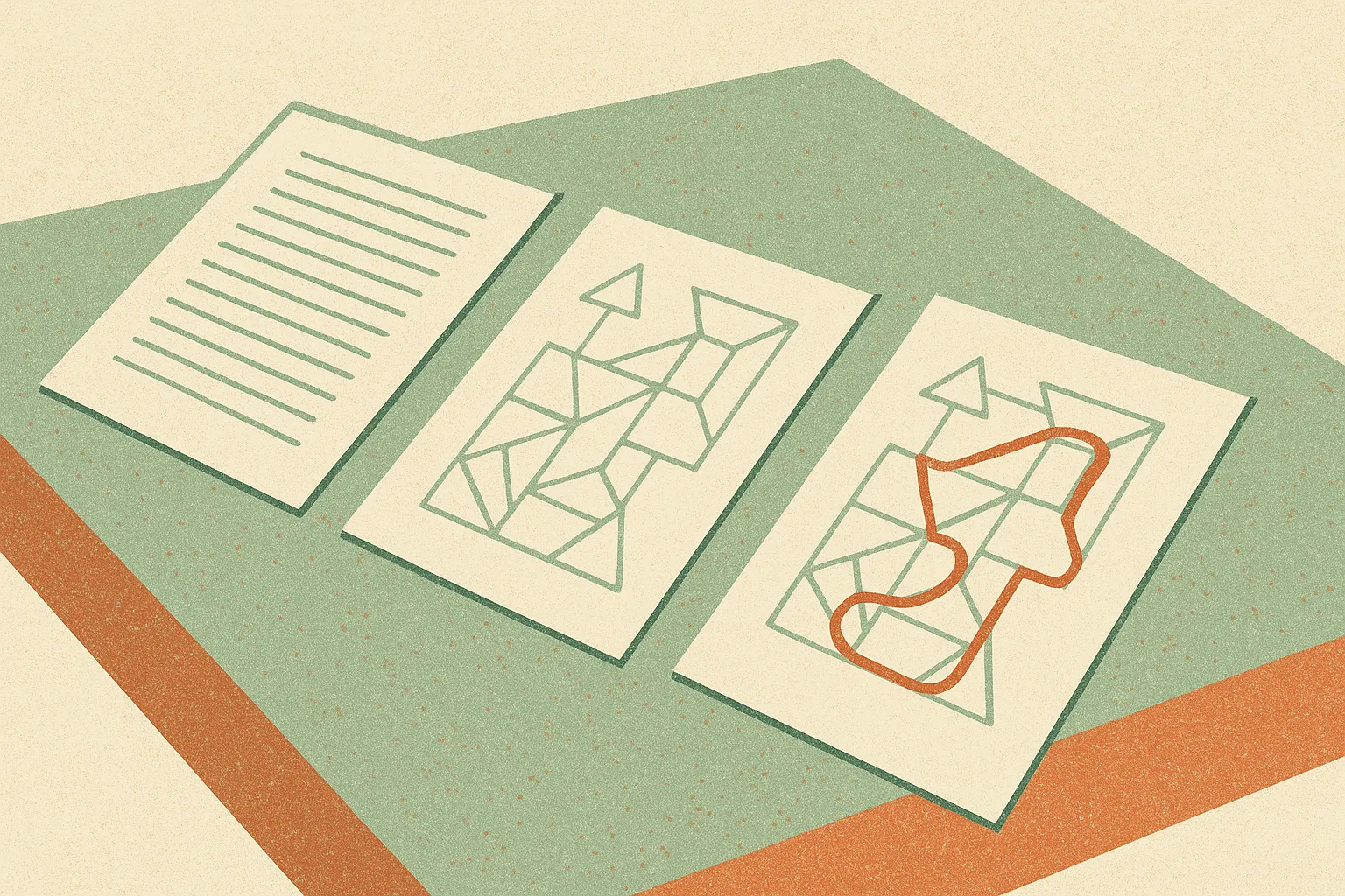 one geometry puzzle represented as three parallel views, a text sheet, a diagram sheet, and a combined sheet, with the s