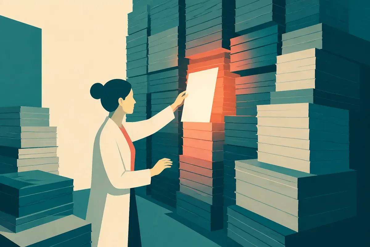 a researcher reaching into a vast archive of stacked documents, one glowing paper pulled from deep in the pile while mos