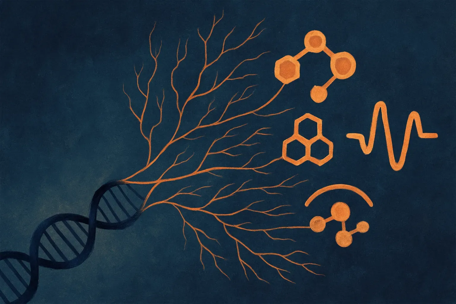 long DNA strand with many tiny branching mutation paths flowing into several distinct molecular signal patterns