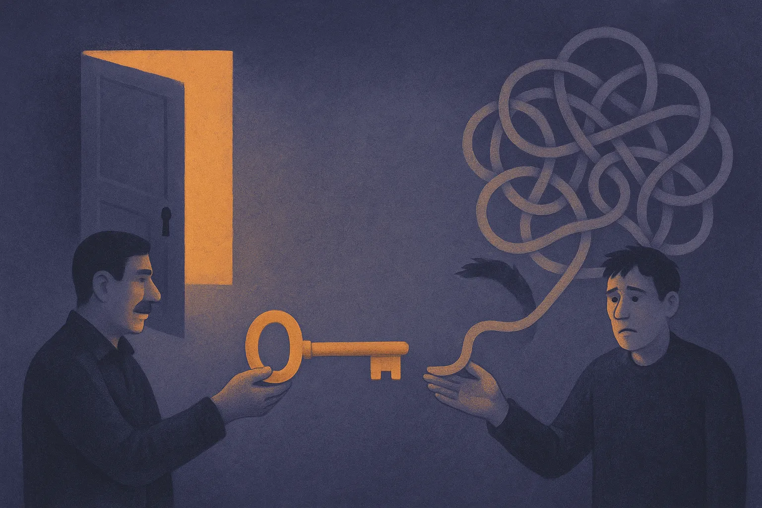 two people handing the same tool to a locksmith and to someone who has never seen a lock, the same tool producing an ope