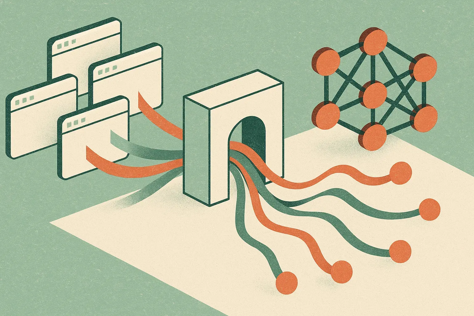 multiple app requests carrying colored ribbons through a central gateway into several model nodes