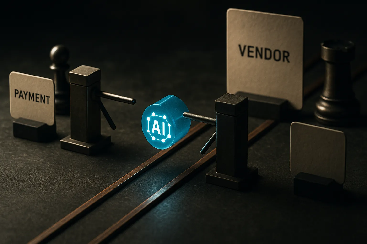 an AI agent passing through guarded permission gates before reaching separate payment rails and vendor services