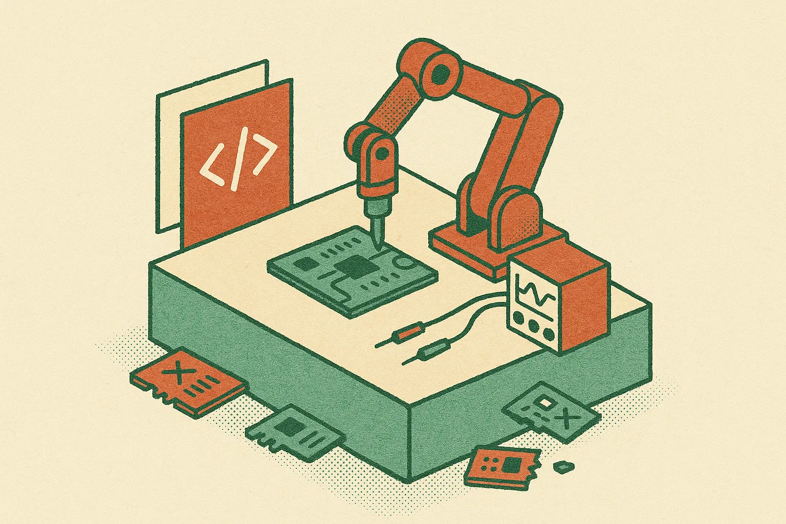 a small isolated workbench containing code files, test instruments, and a looping mechanical arm making changes while re
