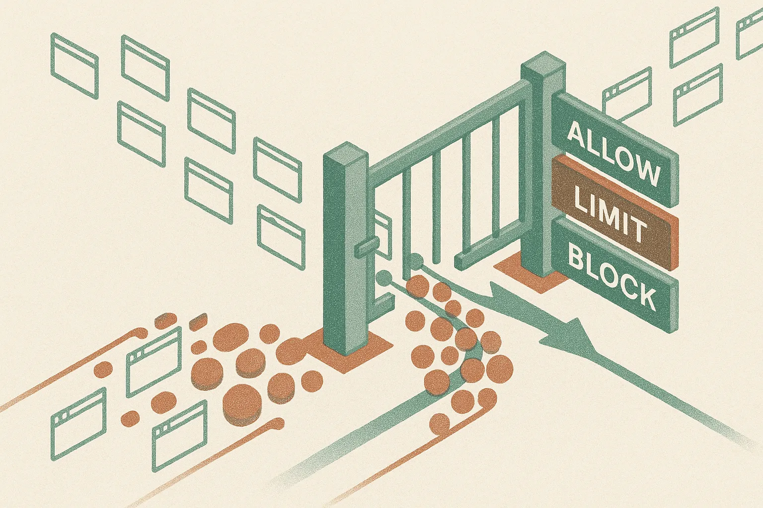 two streams of web traffic approaching a gate, one stream shaped like ordinary browsing and one shaped like clustered ma