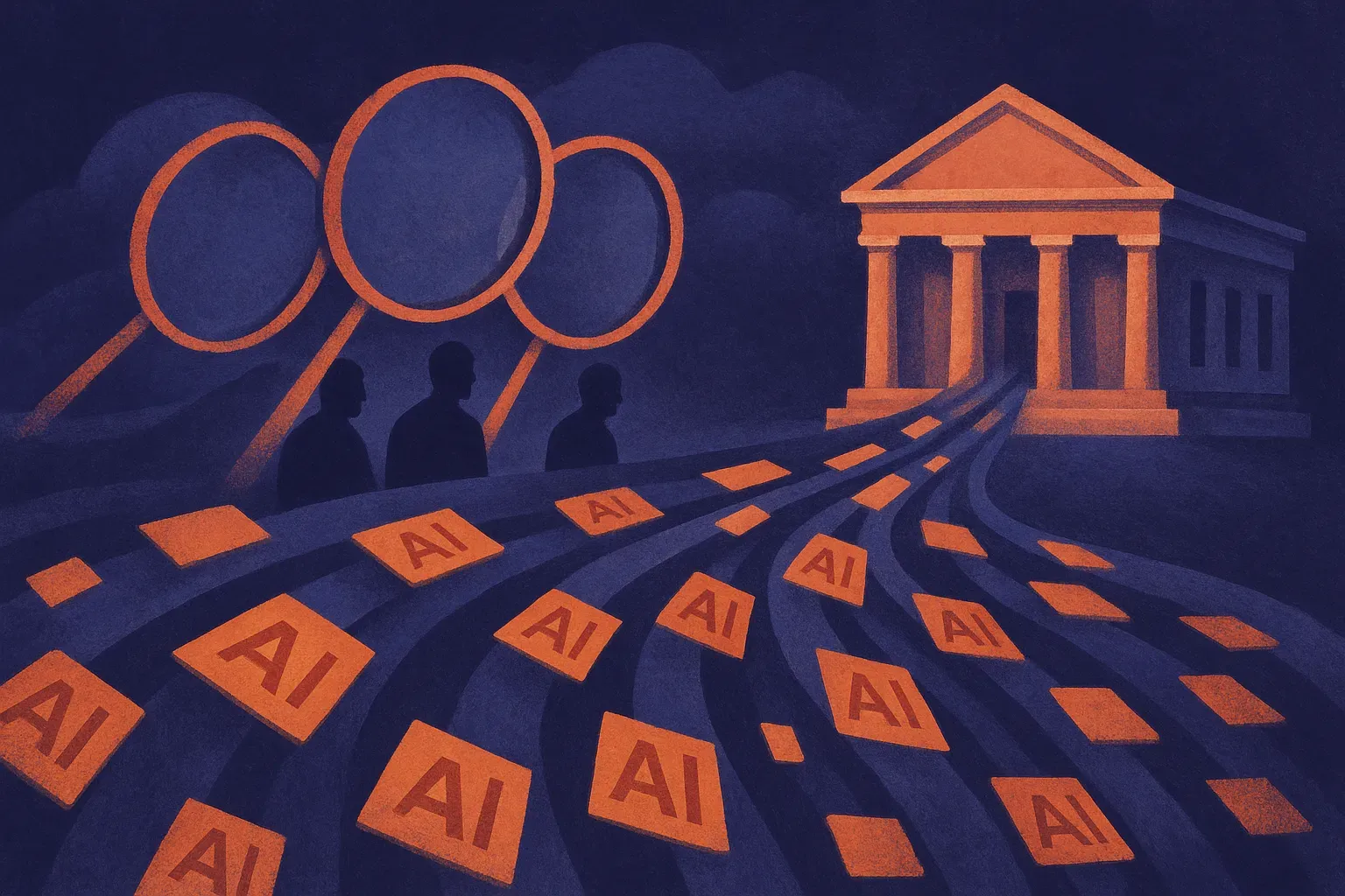 government building surrounded by inspection loops, with AI components flowing toward it and human reviewers positioned 