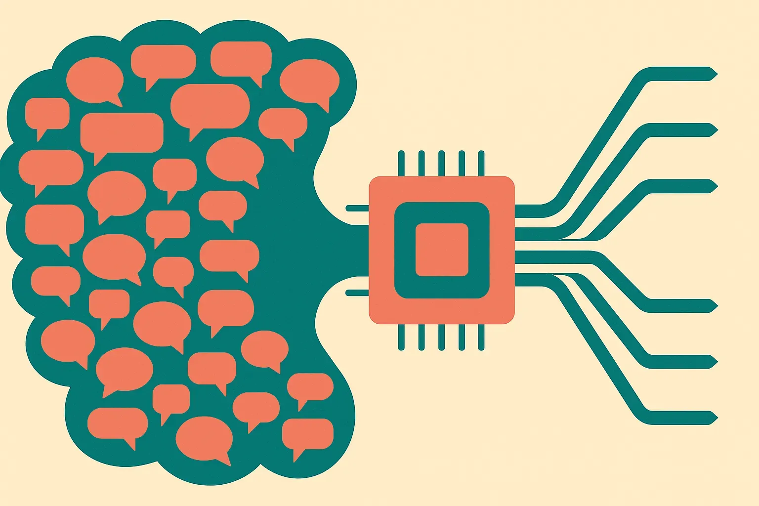 a dense cloud of varied user requests narrowing into a specialized chip, then spreading into many small response streams