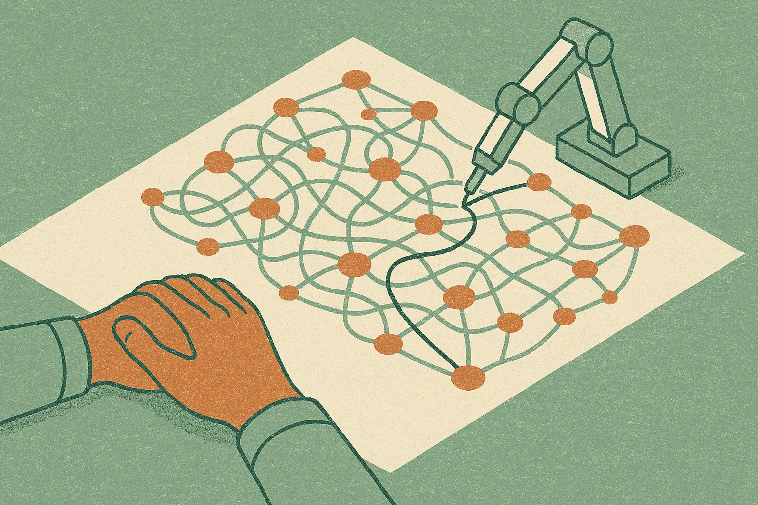 a person's hands resting while a machine traces a path through a tangle of connected nodes, the person watching rather t