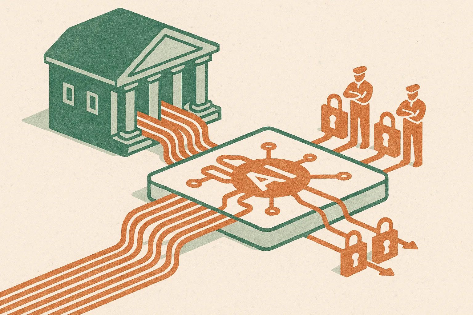 a bank-like building with many small internal workstreams flowing through a shared AI hub, then splitting into guarded c