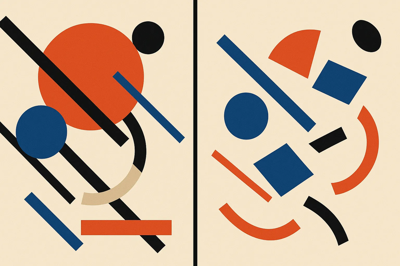 a single scene shown twice side by side, one version with objects flowing and colliding coherently over time, the other 