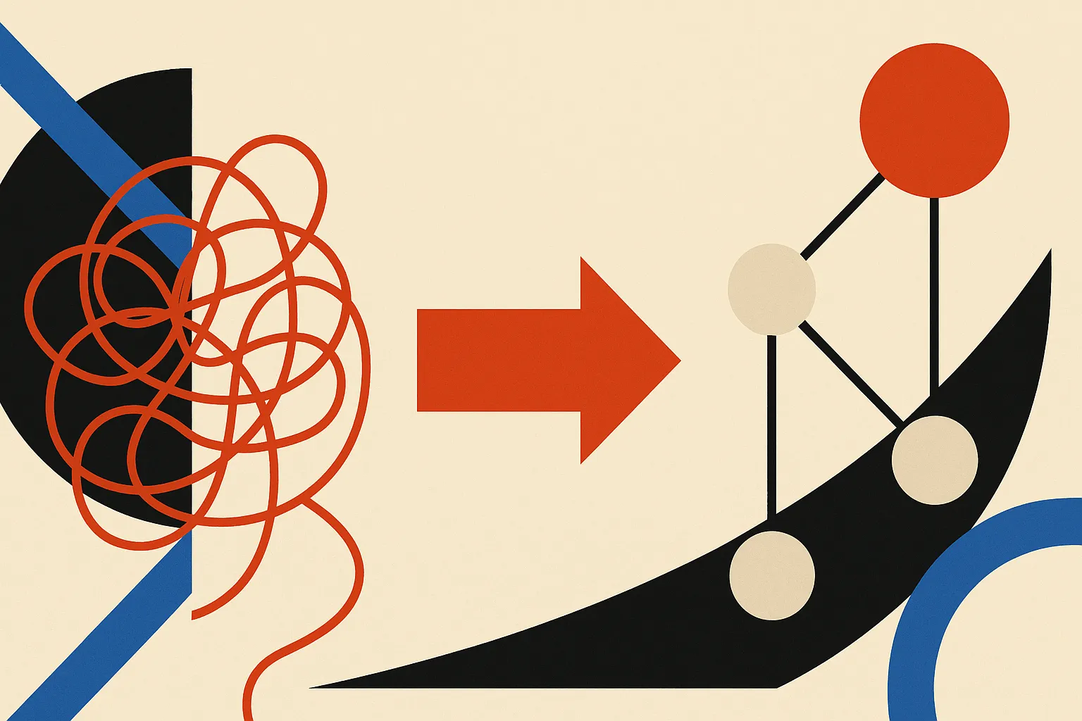 a tangled single thread of history on one side, a clean directed graph of connected steps on the other, arrow of transfo