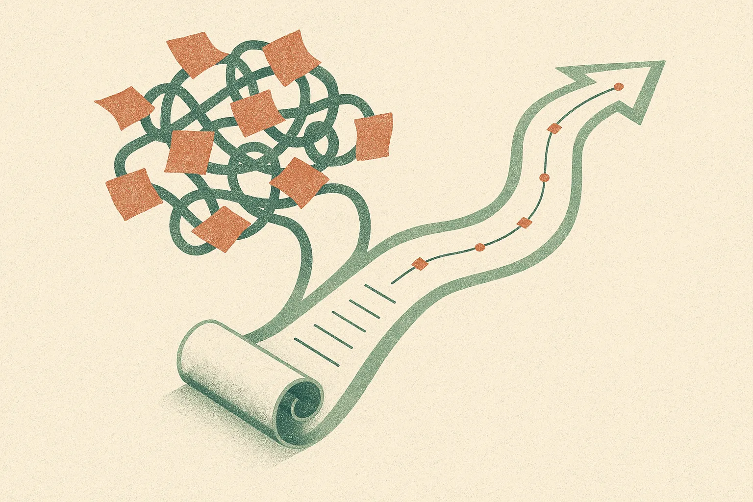 a cluttered instruction scroll splitting into two paths, one path accumulating tangled sticky notes and the other path s